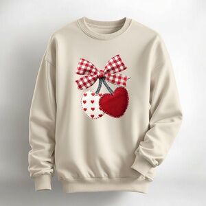 Valentine's Day Gingham Bow & Fabric Heart Cherries Sweatshirt S M L XL New Sand